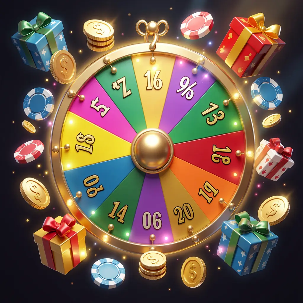 Roda bonus kasino online PPP62 dengan roda hadiah penuh warna yang dikelilingi koin emas, chip, dan kotak hadiah, lampu kasino bercahaya menciptakan suasana jackpot yang menggembirakan pada latar belakang gelap