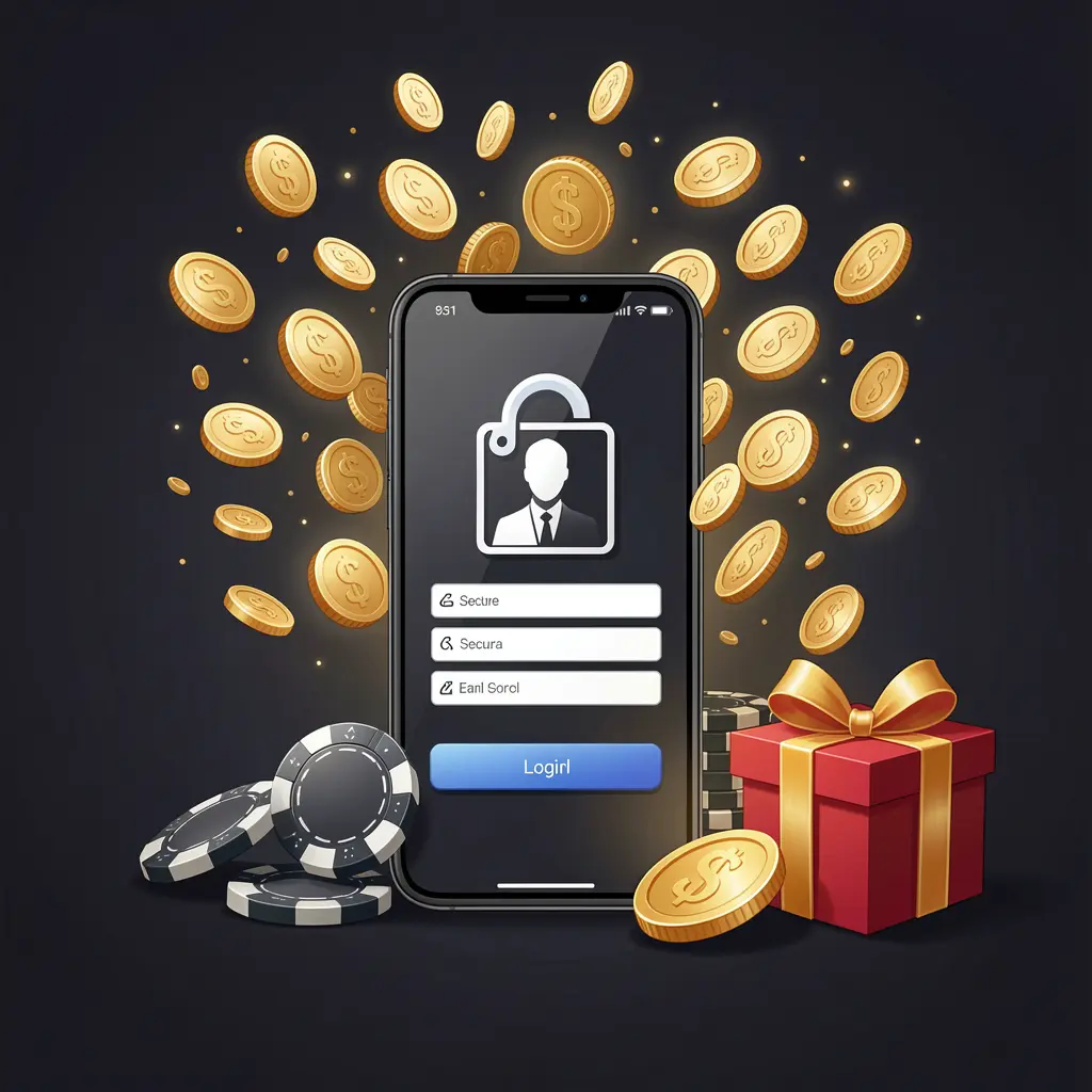 Ilustrasi masuk pengguna kasino PPP62 yang menampilkan ponsel dengan ikon akses aman, koin emas yang menyembur dari layar, chip poker dan kotak hadiah di dekatnya pada latar belakang premium gelap