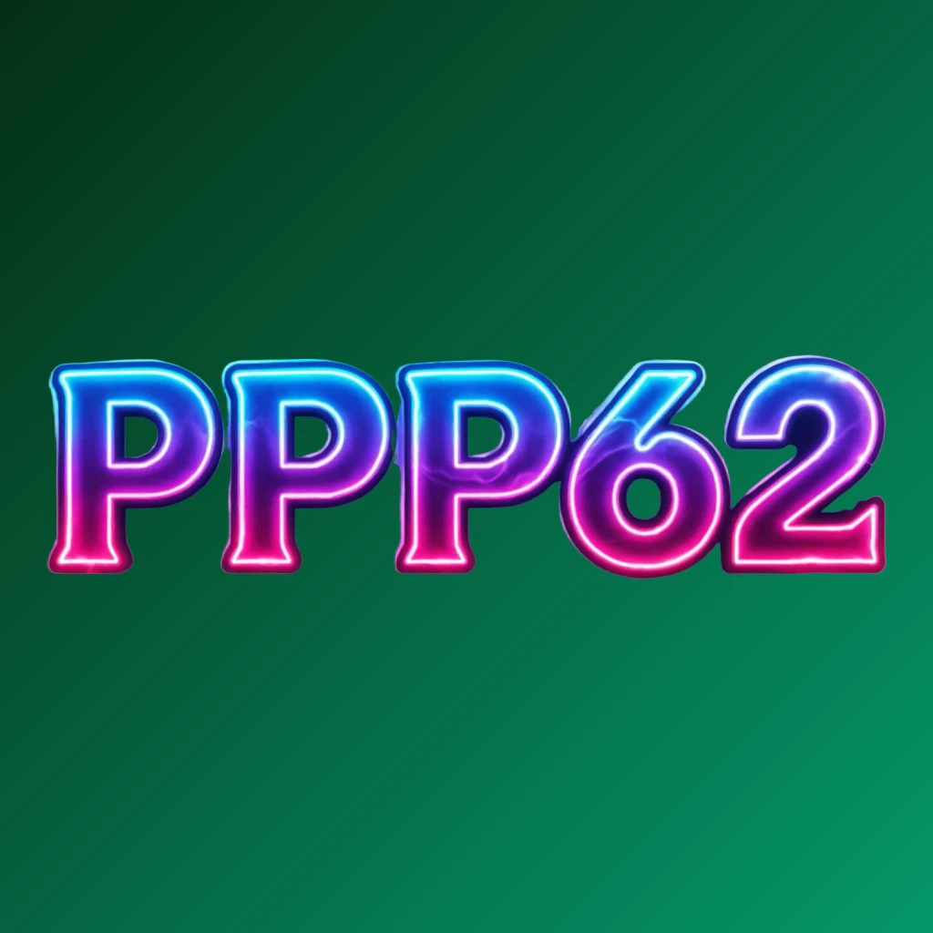 Colorful gaming logo for PPP62 featuring extra bold block letters in electric blue, purple, and pink neon gradients with dynamic glowing effects on a transparent background, designed as a wide horizontal rectangular wordmark for website header