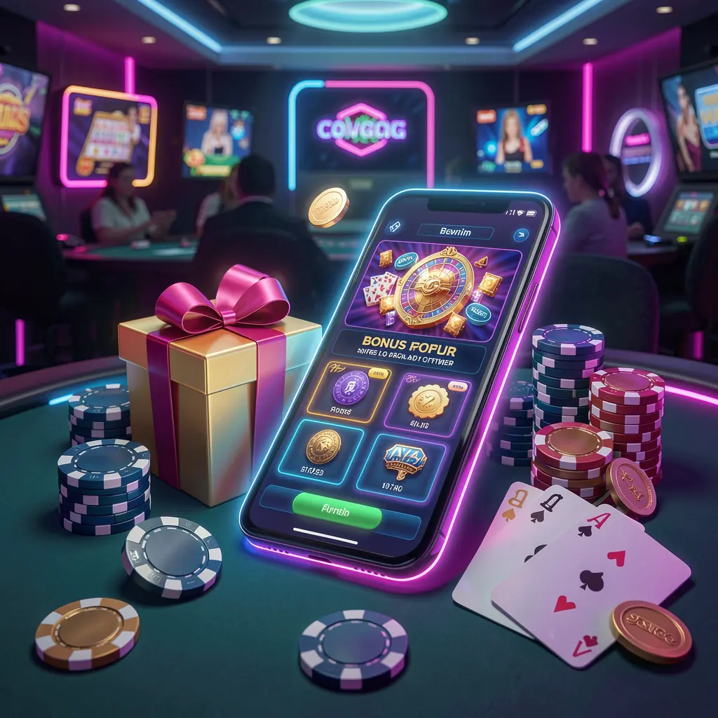 Adegan utama situs web kasino modern yang menampilkan ponsel pintar dengan antarmuka bercahaya dikelilingi kotak hadiah bonus, chip, koin, dan kartu remi dalam gaya kasino neon premium, menampilkan tema permainan bertanggung jawab PPP62